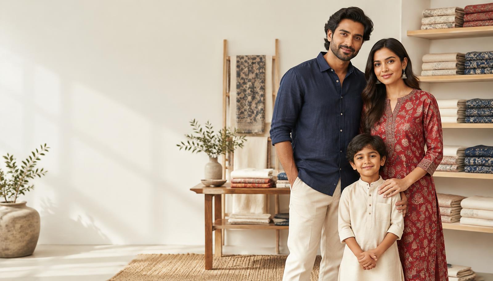 A family wearing a navy shirt, red printed kurti and cream kurta