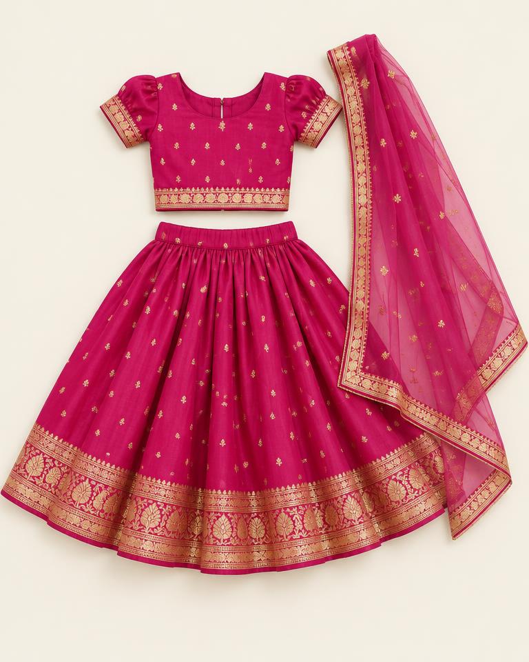 Magenta Girls' Zari Border Lehenga Choli Set