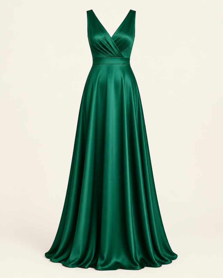 Emerald Green V-Neck Satin Maxi Gown