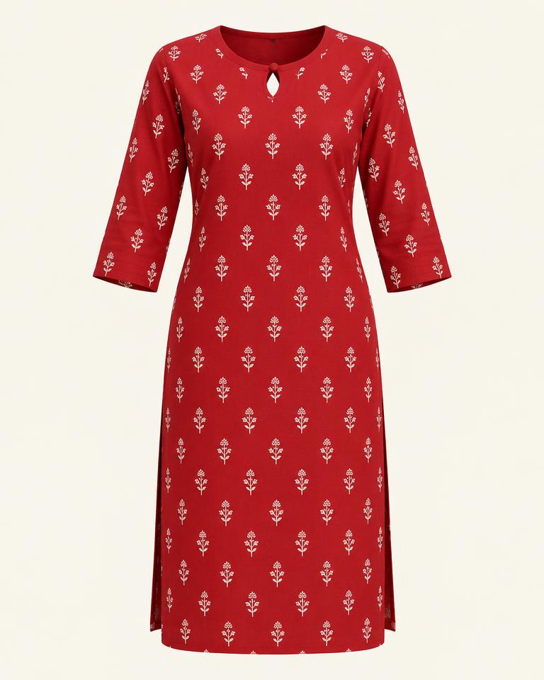 Red Block-Print Straight Cotton Kurti